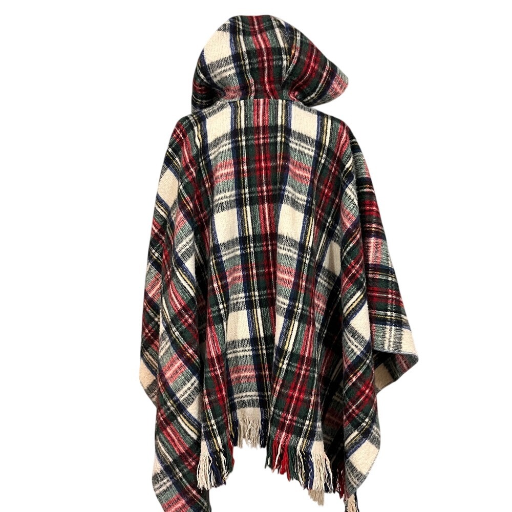 Vintage Plaid‎ Hooded Poncho Cape Fringe Zip Front Made in Colombia - Picture 5 of 11